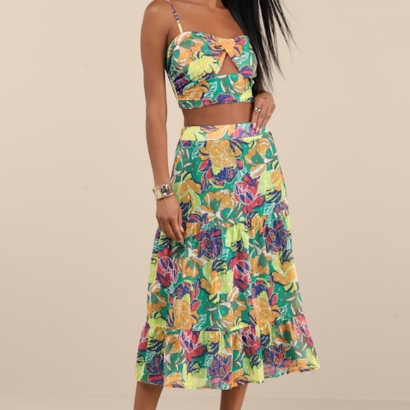 Brand New Lulus Teal Floral Two-piece Midi Dress Green - Size S - Picture 1 of 1